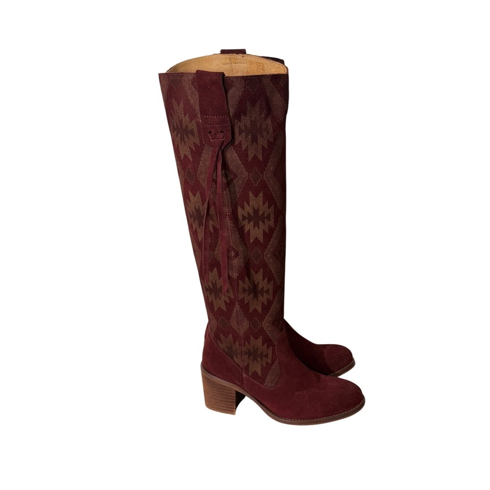 Veracruz Tall Suede Boots Womens 36 Burgundy Southwestern Geometric Block Heel
